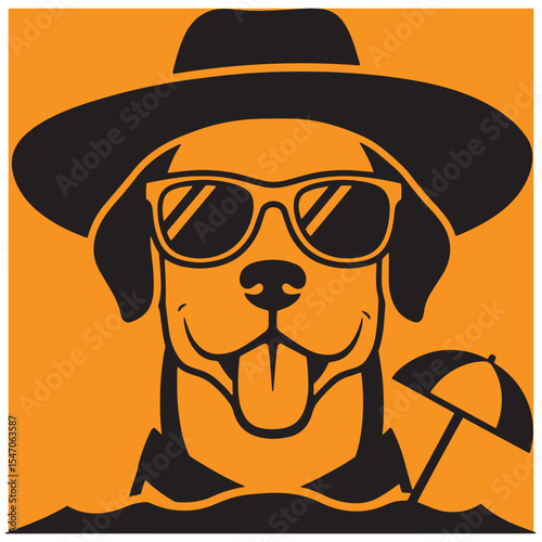 Stylish dog relaxing on a beach wearing sunglasses and a hat ready for vacation