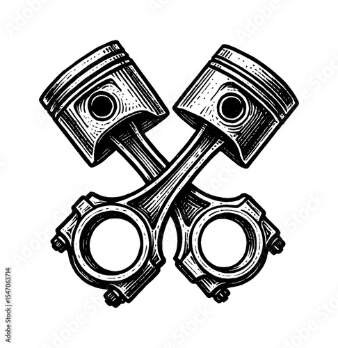 Two Crossed Engine Pistons Detailed Black and White Engraving Style Illustration