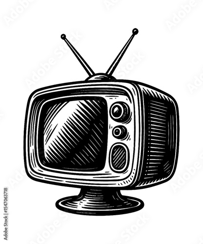 Illustration of old television with antenna in vintage engraving style, black and white.