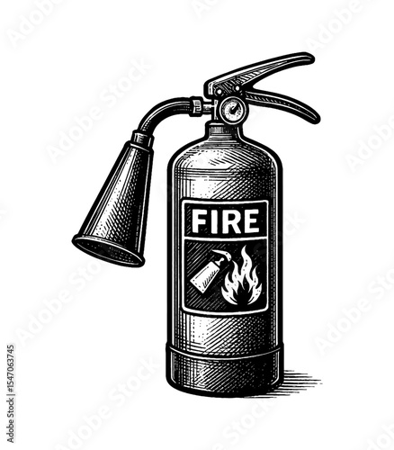 Detailed Black and White Engraving of a Fire Extinguisher with Fire Symbol