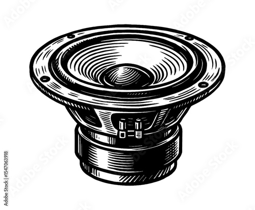 Detailed Black and White Illustration of a Loudspeaker on a White Background