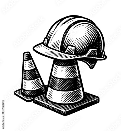 Construction Safety Helmet and Traffic Cone Illustration in Black and White Detailed Engraving