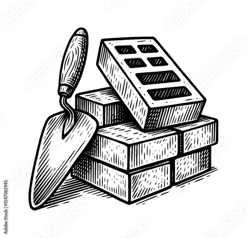 Engraved Illustration of Stacked Bricks and Trowel for Construction Work, Black and White