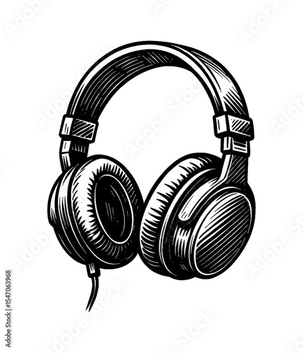Detailed Black and White Engraving Style Headphones Illustration on White Background