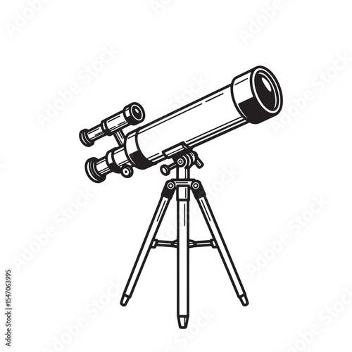 Elegant black and white illustration of a vintage telescope on a tripod for astronomy