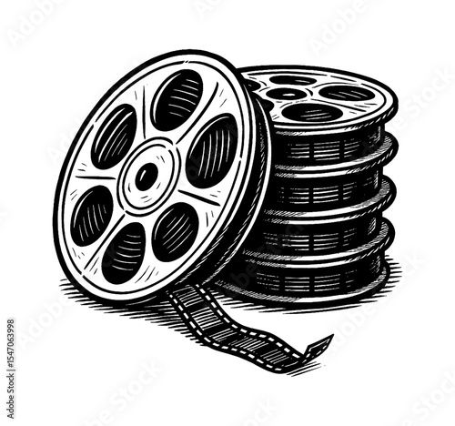 Illustration of a Film Reel and Stacked Film Reels with Details and Shading in Black and White