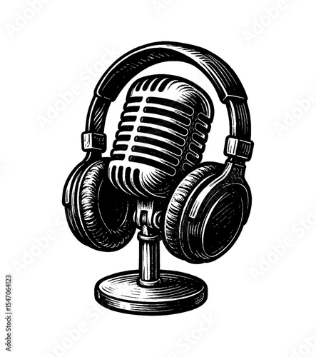 Illustration of a microphone with headphones, vintage style for music and podcasts