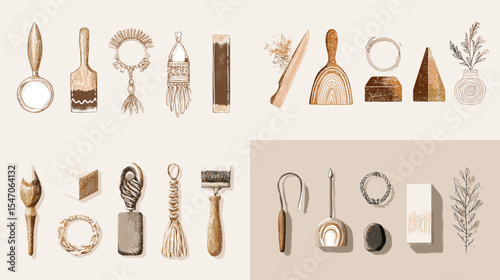 Aesthetic boho home decor illustrations featuring handmade tools, brushes, macramé, and wooden crafts. Perfect for minimalist design, interior visuals, and artisanal branding.