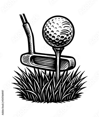 Golf ball on tee with putter in grass, black and white engraved style close up image