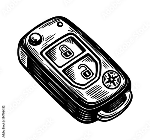 Car Key Remote Control in Black and White Detailed Engraving Style Illustration
