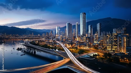Stunning urban skyline at dusk with illuminated skyscrapers and flowing river under dramatic clouds