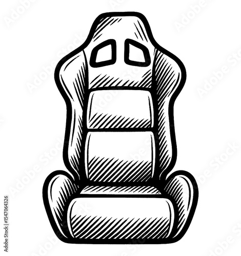 Detailed Engraved Illustration of a Car Seat in Black and White Hatching Vector Design