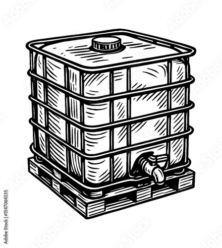 Illustration of Intermediate Bulk Container with Pallet and Tap in Black and White