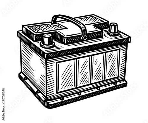 Illustration of an automobile battery with handle in vintage engraved style