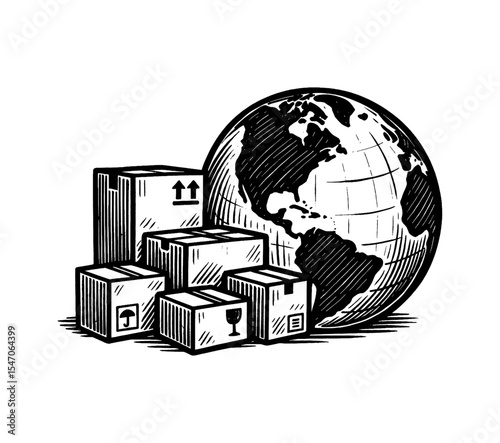 Global Shipping and Delivery with Cardboard Boxes and Globe in Engrave Style Black and White