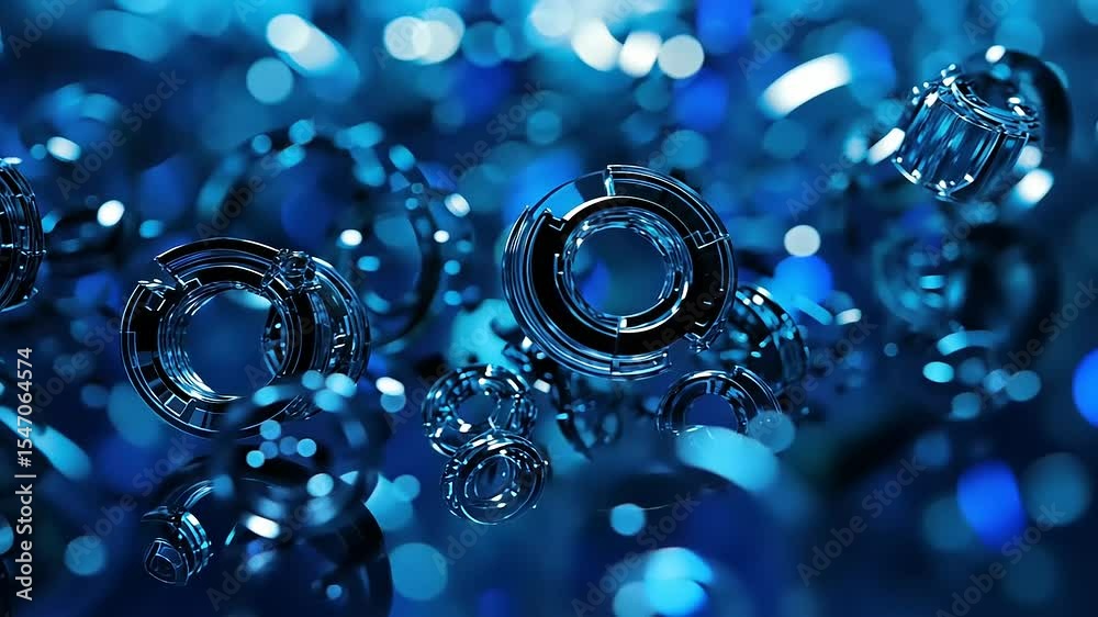 Abstract blue bubbles with circular shapes floating in a vibrant background of shimmering light