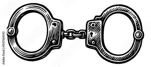Handcuffs in detailed black and white engraving art drawing, vintage style criminal justice concept