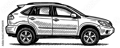 Illustration of a Car with Detailed Black and White Hatching Style on White Background