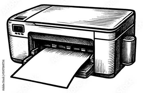 Detailed Printer with Paper Stacks in Monochrome Vintage Hatching Line Art Drawing