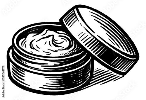 Illustration of an open jar of cream with lid in black and white