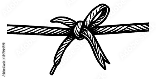 Detailed Black and White Engraving of a Tied Shoelace Knot on a White Background