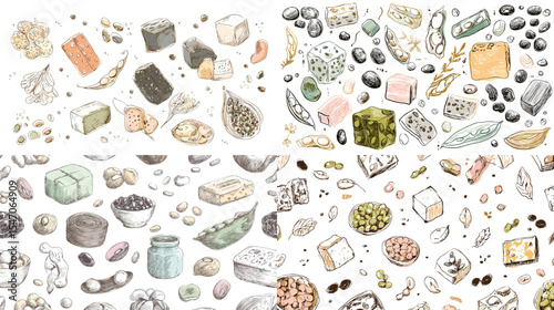 Watercolor illustrations of various beans, seeds, legumes, tofu, and soy products. Perfect for vegetarian food packaging, plant-based nutrition, and culinary or botanical design projects.
