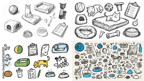 Hand-drawn pet care and supplies illustrations featuring cats, dogs, toys, bowls, beds, and grooming items. Ideal for pet shop branding, veterinary guides, and cute animal content.