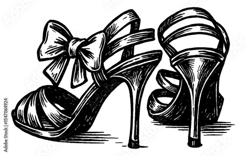 Elegant High Heel Sandals with Bow in Black and White Woodcut Style Illustration