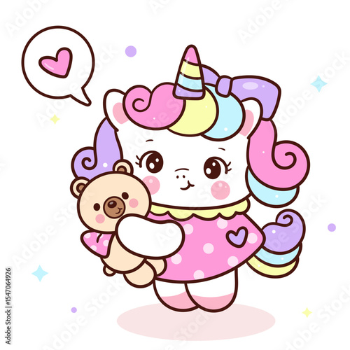 cute unicorn vector hug teddy bear. sweet dream cartoon. kawaii animal whimsical character. Perfect for kid nursery and card.
