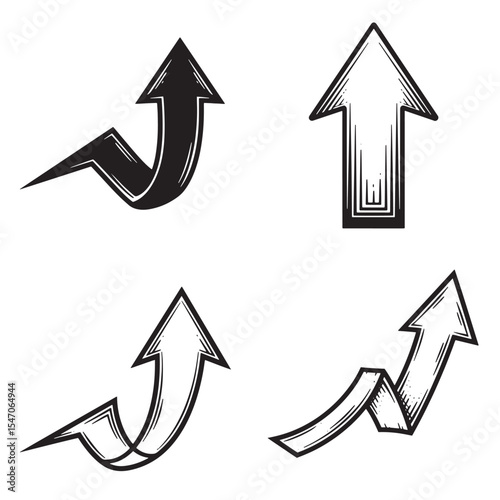Set of upward pointing arrows in vintage art silhouette style on white background