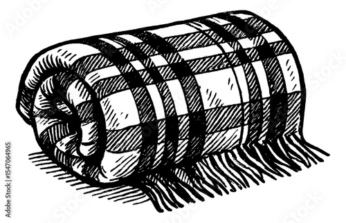Rolled Plaid Blanket with Fringes in Black and White Vintage Line Art Style, Detailed Drawing
