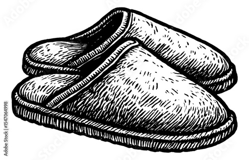 Detailed Engraving of a Pair of Slippers Stacked on Top of Each Other in Black and White