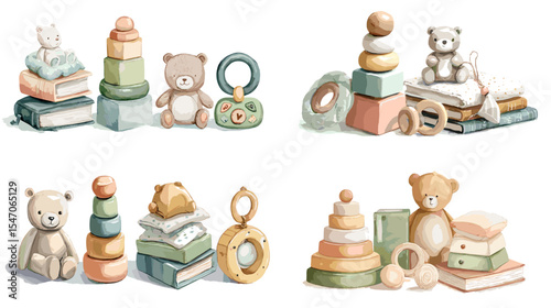 Cute watercolor baby toys and books illustration with teddy bears, stacking rings, and rattles. Ideal for nursery decor, baby shower designs, and children’s product branding.