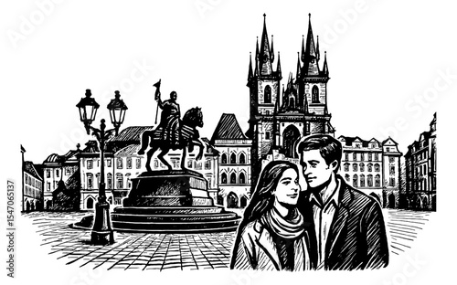 Couple Standing Near Prague Statue and Church in Black and White Line Art Drawing Style