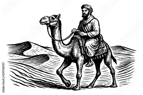 Arabian Man Riding a Camel in Desert Engraving Style Black and White Illustration