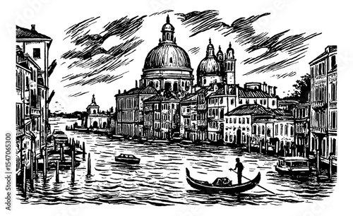 Venice cityscape with gondola on the water in black and white illustration style