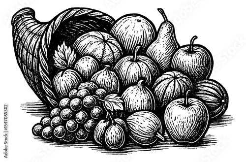 Horn of Plenty with Fruits and Vegetables Engraved Illustration Black and White