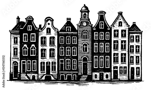 Black and White Engraved Style Illustration of European City Buildings on White Background