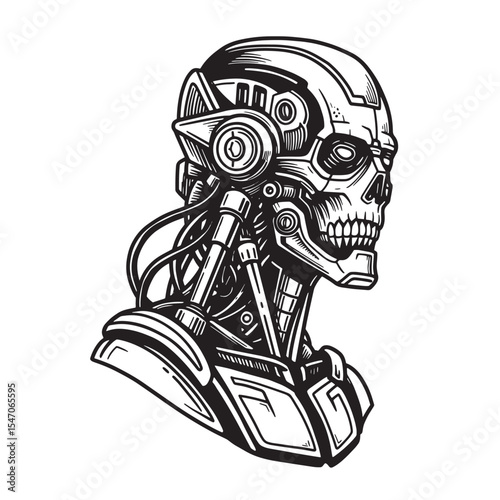 Vintage art silhouette depicting a robotic skull cyborg head and mechanical components