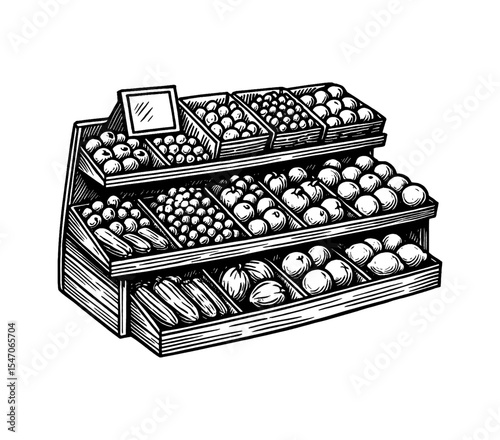 Engraved illustration of a market display with various fresh fruits and vegetables.