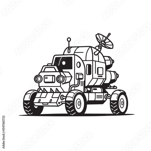 Vintage art silhouette illustration of a detailed space exploration rover on a white background
