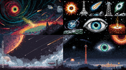 Dramatic pixel art space apocalypse scenes featuring meteors, explosions, black holes, and surreal eyes. Ideal for sci-fi storytelling, digital art, and retro video game aesthetics.