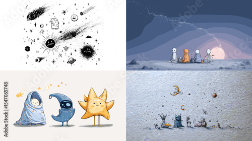 Whimsical space-themed illustrations featuring cute planets, stars, astronauts, and cosmic scenes. Perfect for children's books, educational materials, and playful sci-fi designs.