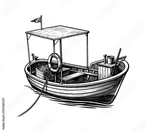 Detailed Engraved Line Art Illustration of a Small Fishing Boat with Canopy and Life Preserver