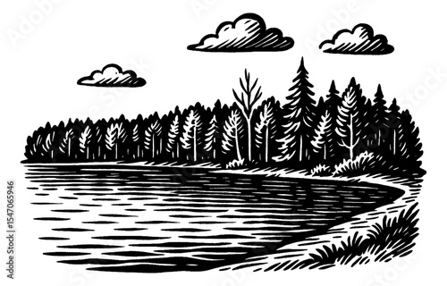 Black and White Engraved Landscape with Lake, Trees and Clouds Vector