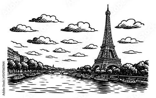 Eiffel Tower in Paris France Black and White Hand Drawn Illustration with Cloudscape