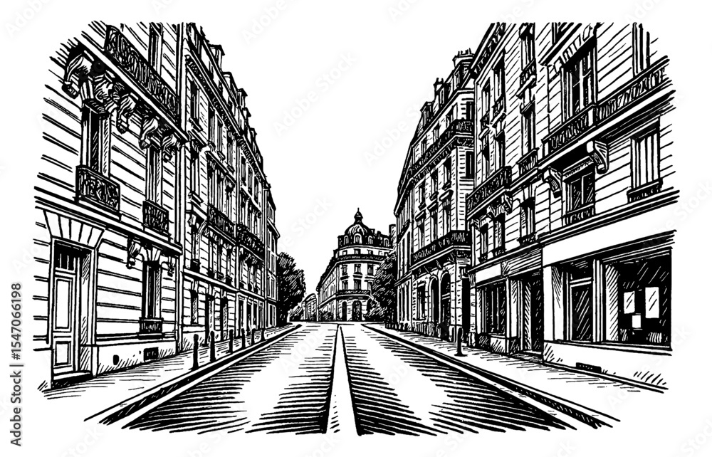 Obraz premium Detailed Black and White Engraving of a European City Street with Classic Buildings