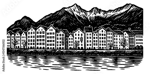Black and White Engraving of Buildings Along River with Mountain Backdrop
