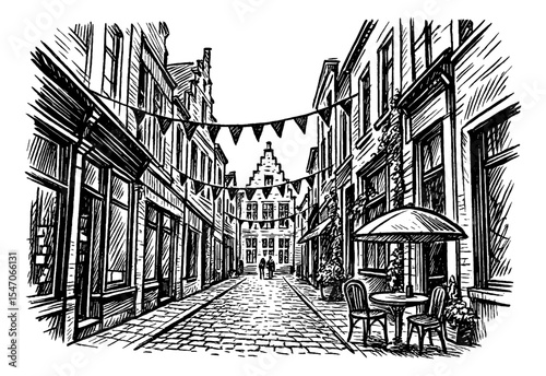 Detailed Black and White Pen Drawing of a European Street with Buildings and Cafe