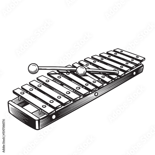 Vintage art silhouette of a xylophone musical instrument with two mallets ready to play